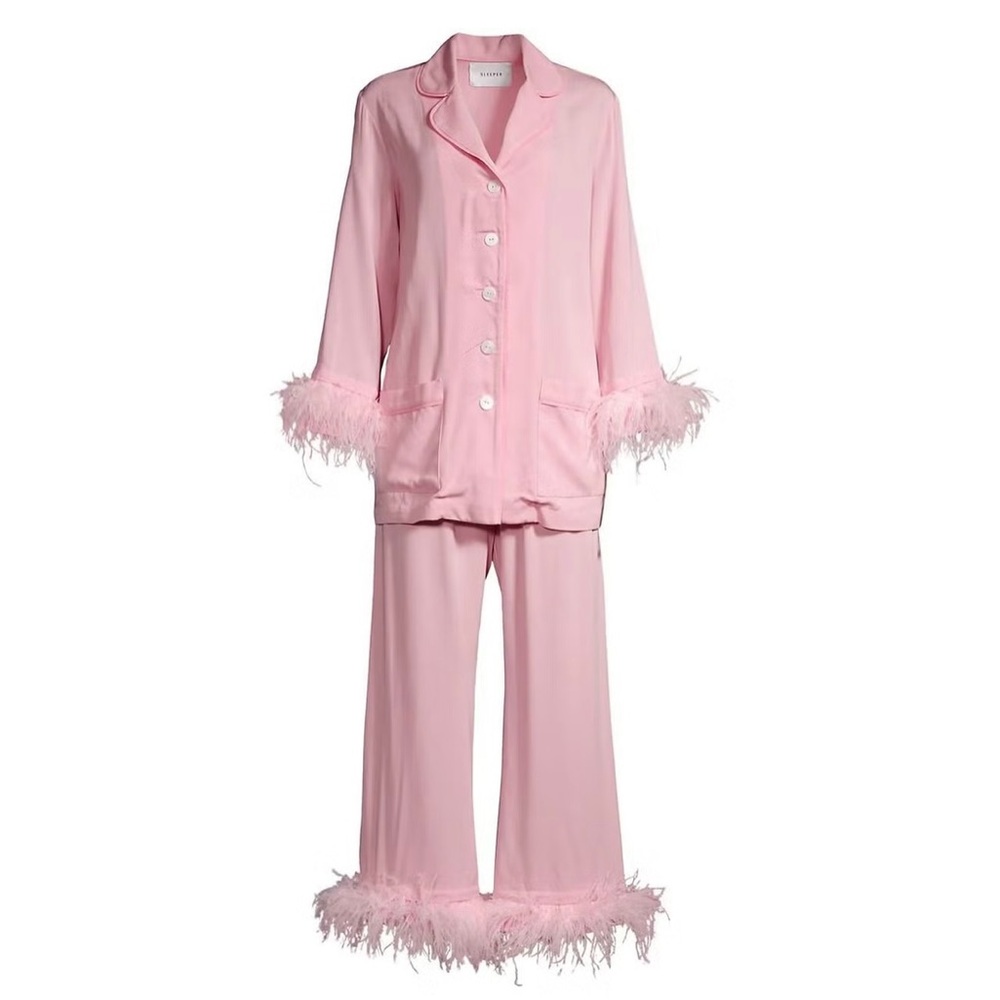 Sleeper Party Pajama Set With Pink Feather Trim
